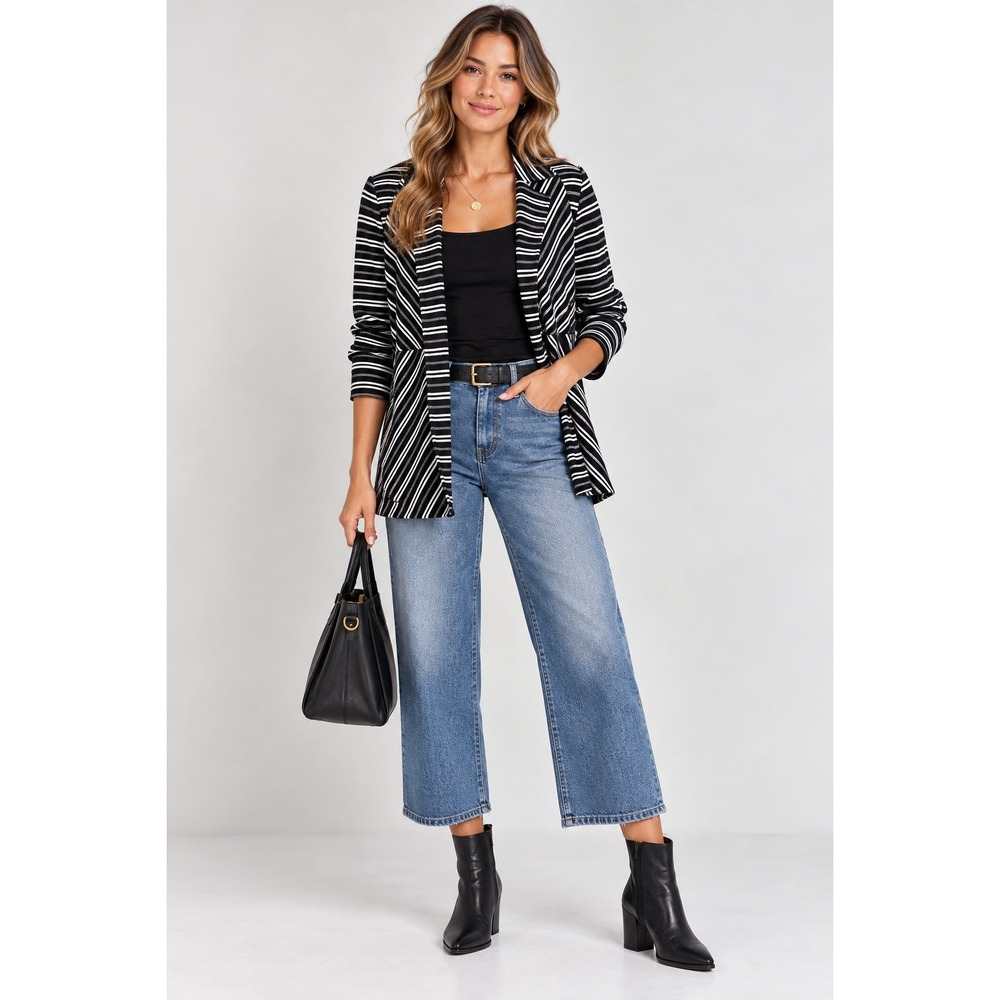 Dana Buchman Women's Open Front Cardigan Large Black White Striped Knit